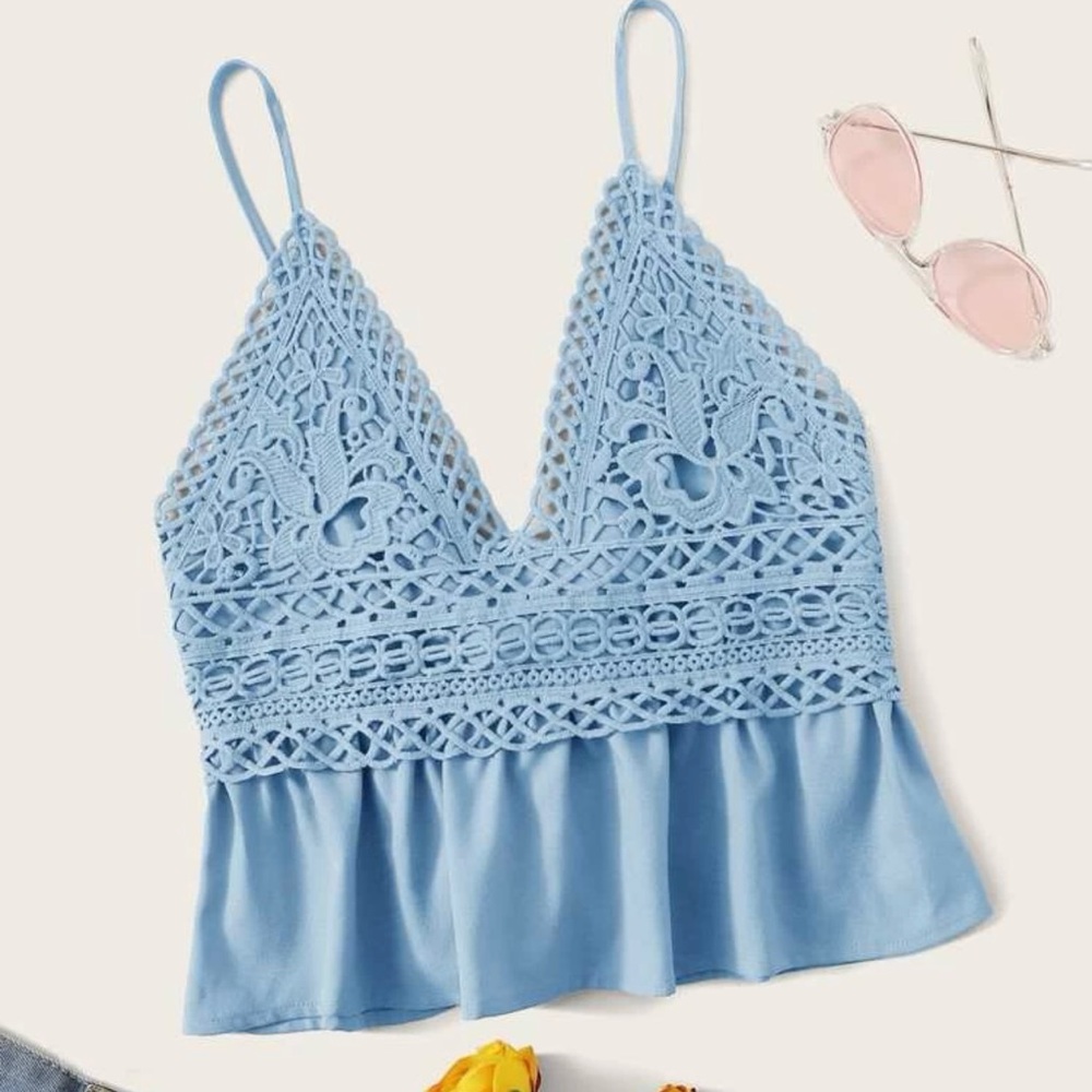 shein blue crochet tie back tank